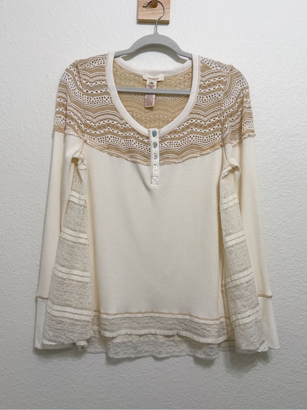 Sundance Waffle Knit Lace Henley Top Cream Medium